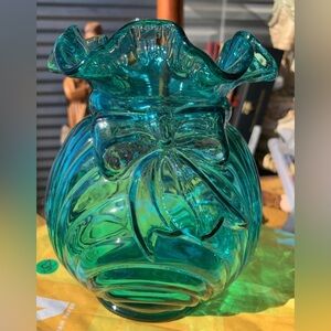 Vintage Fenton Teal Blue Caprice “Bow and Drape” Ruffled Vase